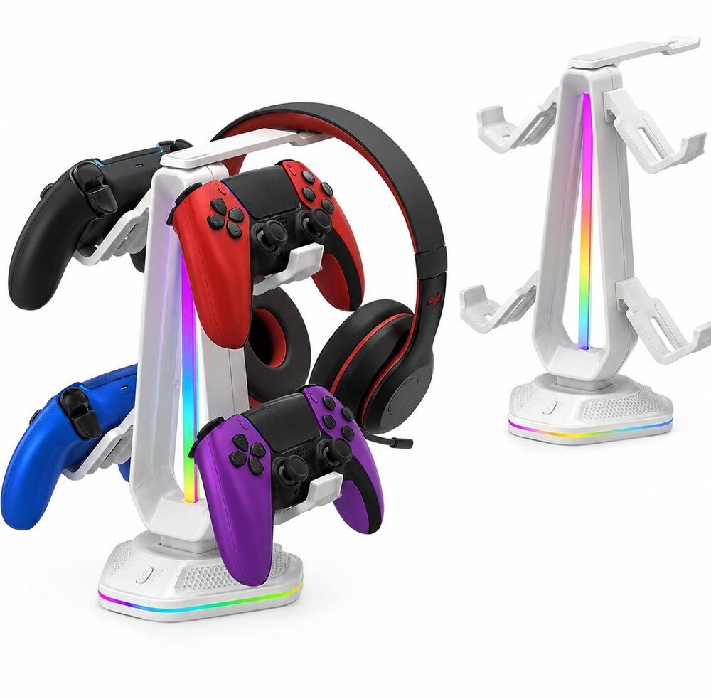 RGB Controller Stand 9 Light Modes Holder 2 USB Ports Headset Desk White